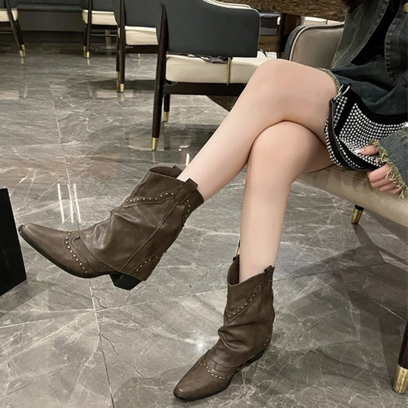 Cowboy Boots Studded Western Mid-Heel Women's