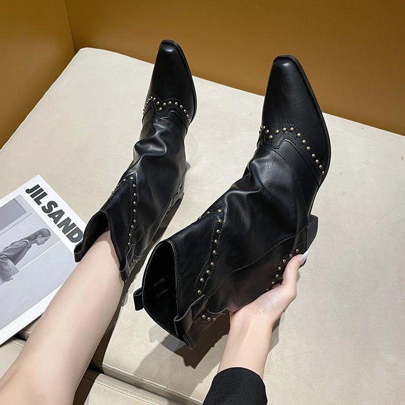 Cowboy Boots Studded Western Mid-Heel Women's