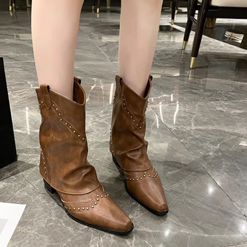 Cowboy Boots Studded Western Mid-Heel Women's