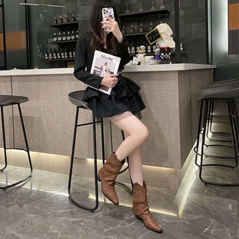 Cowboy Boots Studded Western Mid-Heel Women's