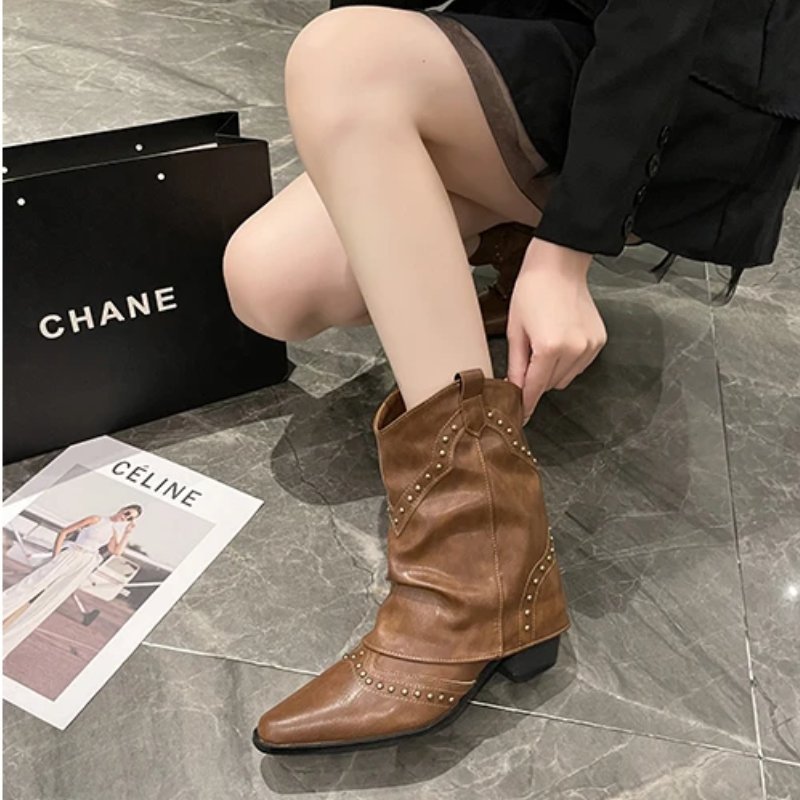 Cowboy Boots Studded Western Mid-Heel Women's