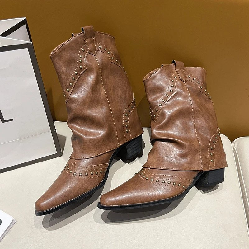 Cowboy Boots Studded Western Mid-Heel Women's