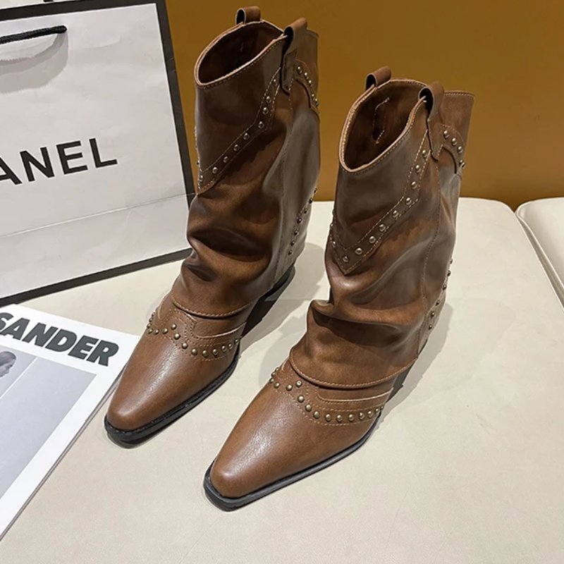 Cowboy Boots Studded Western Mid-Heel Women's