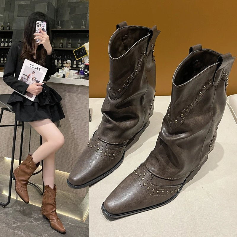 Cowboy Boots Studded Western Mid-Heel Women's
