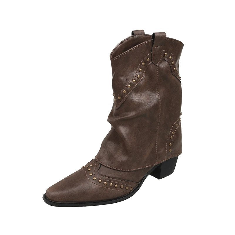 Cowboy Boots Studded Western Mid-Heel Women's - Dark brown