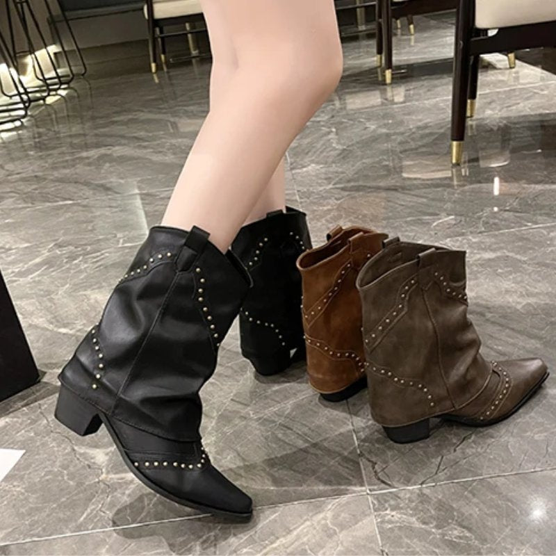 Cowboy Boots Studded Western Mid-Heel Women's