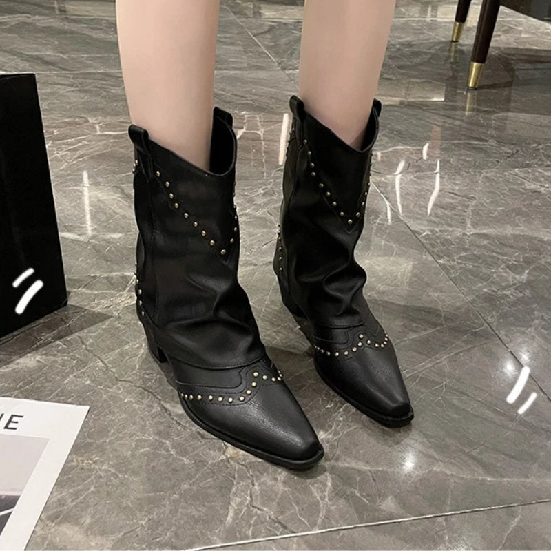 Cowboy Boots Studded Western Mid-Heel Women's