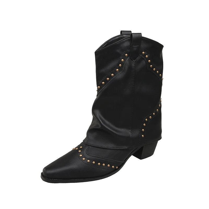 Cowboy Boots Studded Western Mid-Heel Women's - Black