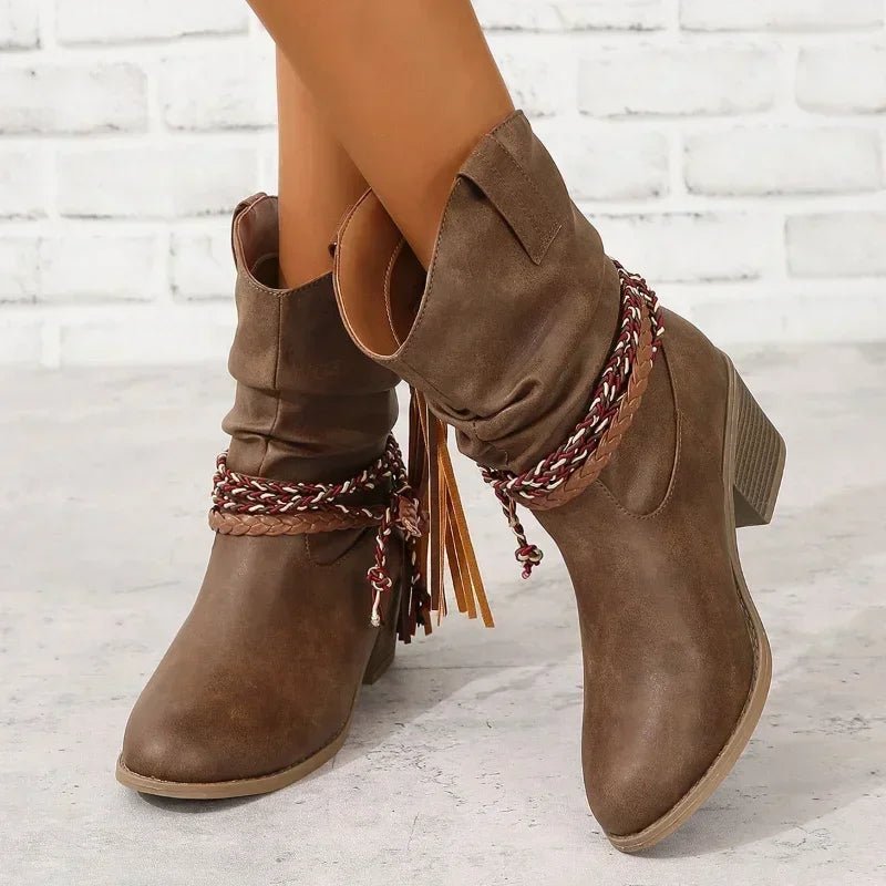 Cowboy Boots Western Ankle Boots Braided Strap Block Heel - Dark Brown A