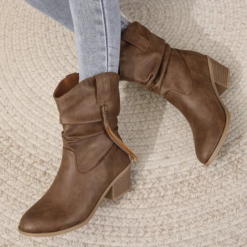 Cowboy Boots Western Ankle Boots Braided Strap Block Heel - Dark Brown B