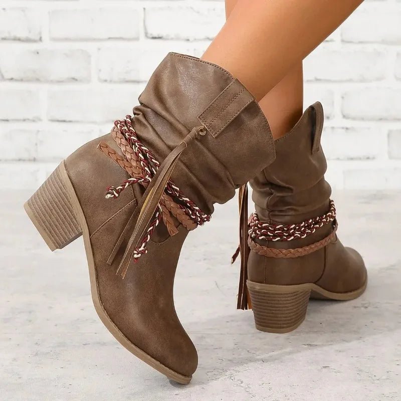 Cowboy Boots Western Ankle Boots Braided Strap Block Heel
