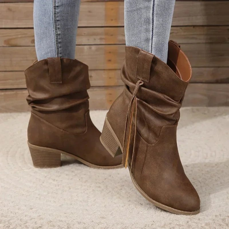 Cowboy Boots Western Ankle Boots Braided Strap Block Heel