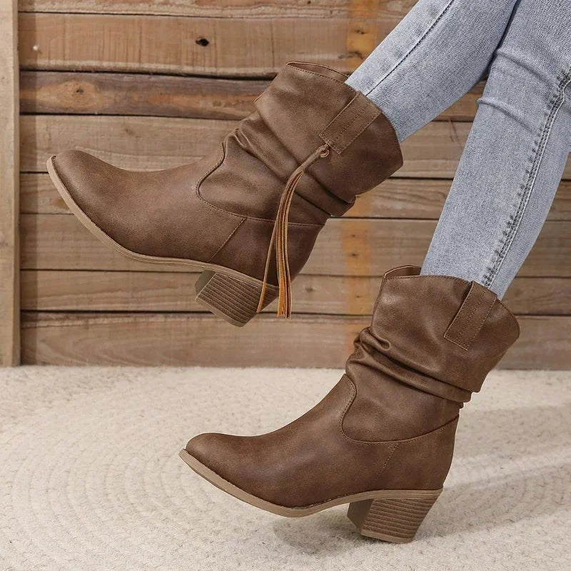 Cowboy Boots Western Ankle Boots Braided Strap Block Heel