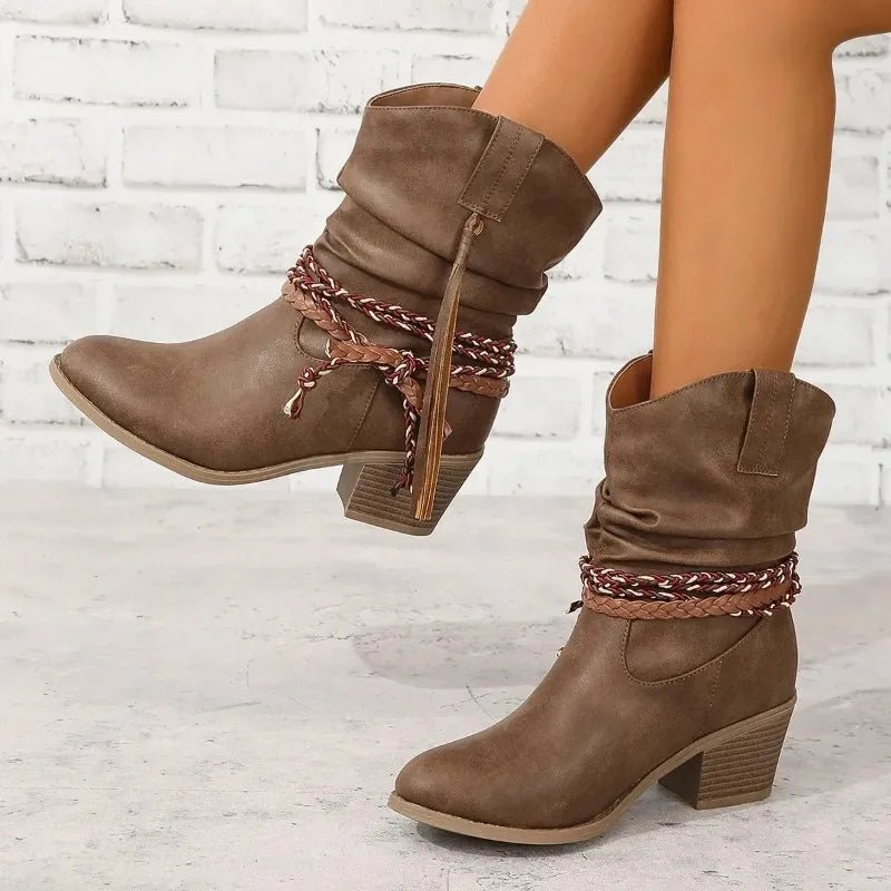 Cowboy Boots Western Ankle Boots Braided Strap Block Heel
