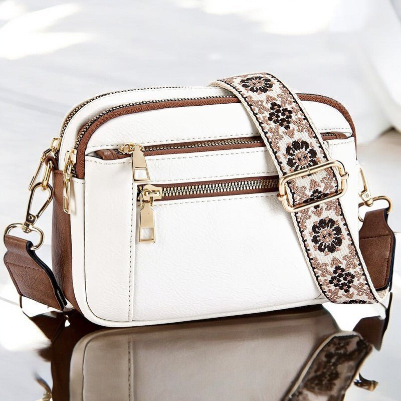 Crossbody Shoulder Bag Faux Leather Multiple Compartments - Beige With Brown