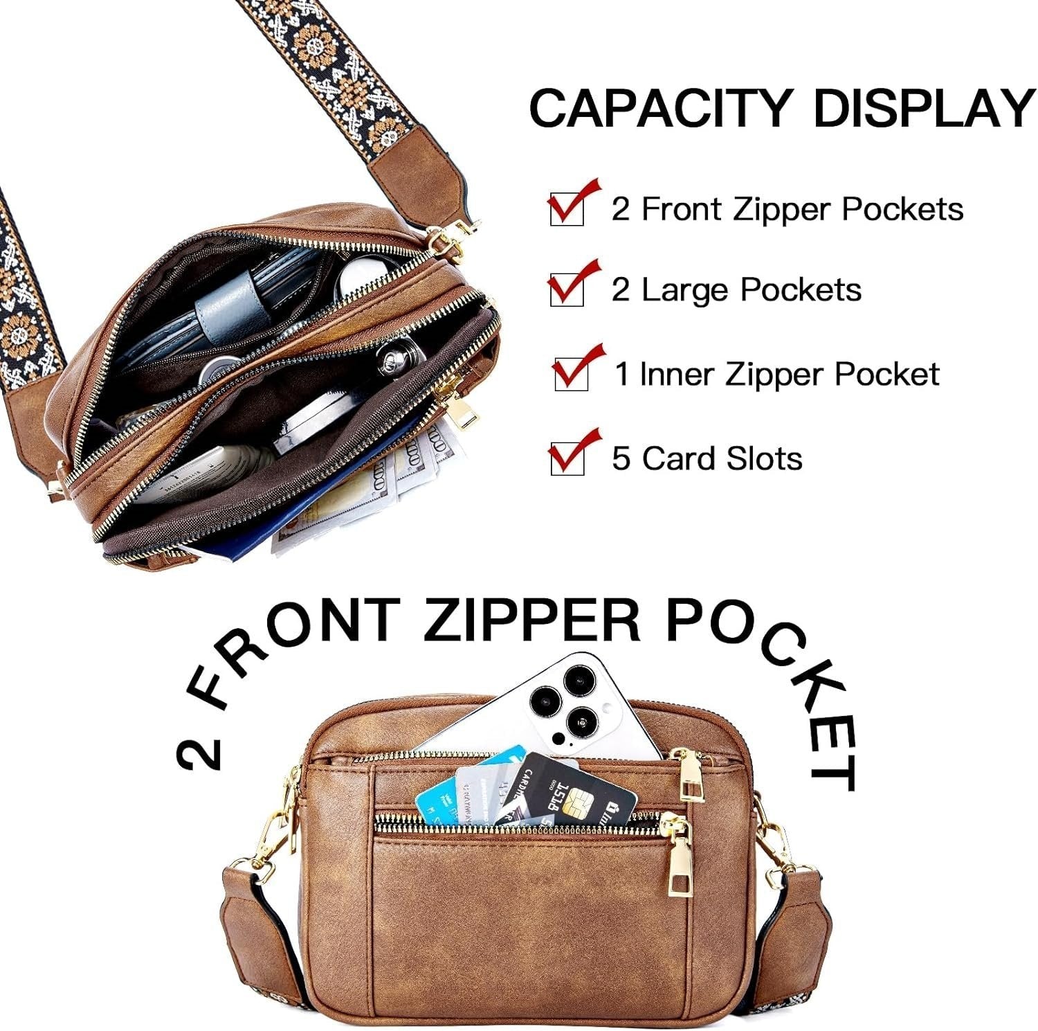 Crossbody Shoulder Bag Faux Leather Multiple Compartments