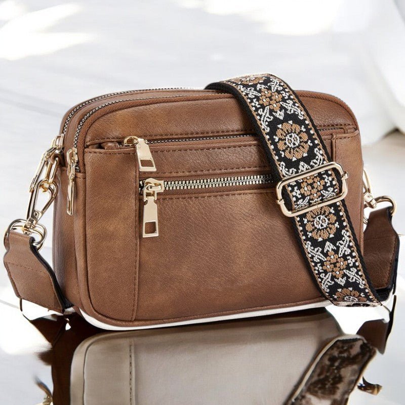 Crossbody Shoulder Bag Faux Leather Multiple Compartments - Brown