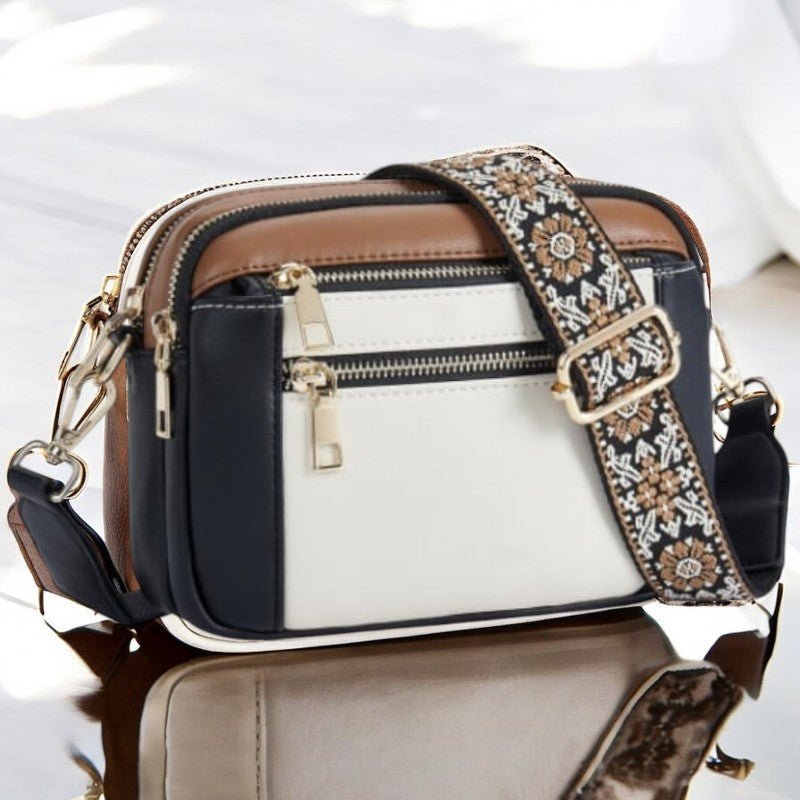 Crossbody Shoulder Bag Faux Leather Multiple Compartments - Beige With Black and Brown
