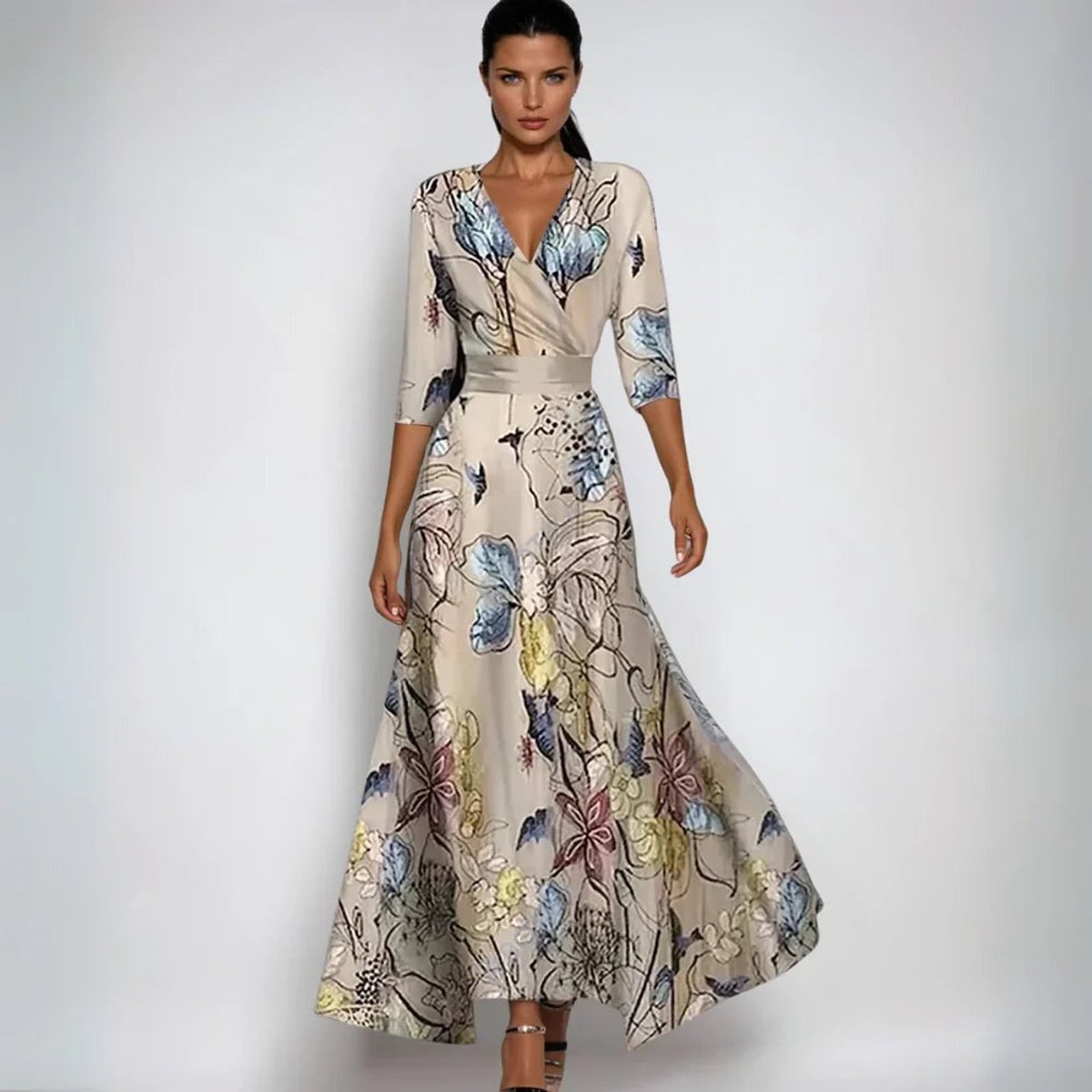 Floral Maxi Mother of the Bride Dress V-Neck Wrap Silhouette - Sand/Beige