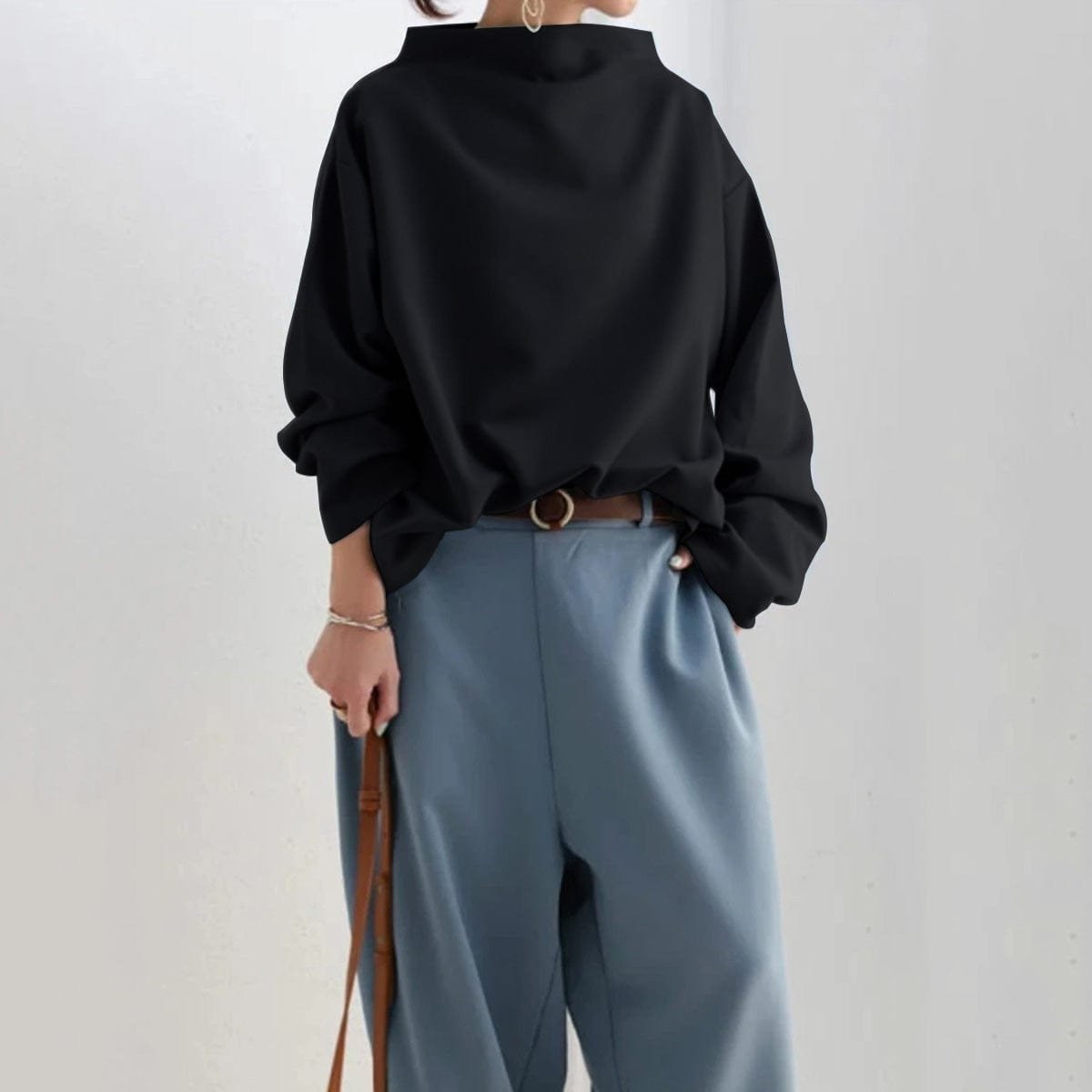 High Neck Knit Top Oversized Long Sleeve Relaxed Fit