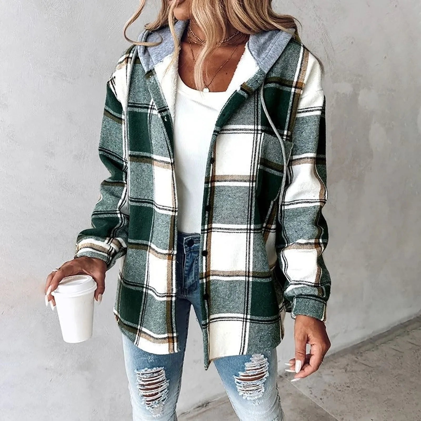 Hooded Flannel Shirt Jacket Plaid Oversized Button Up