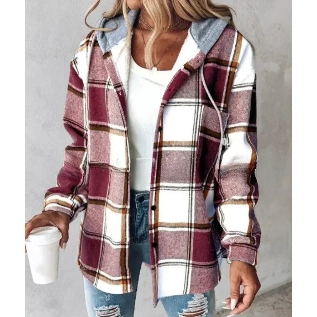 Hooded Flannel Shirt Jacket Plaid Oversized Button Up - Dark Red