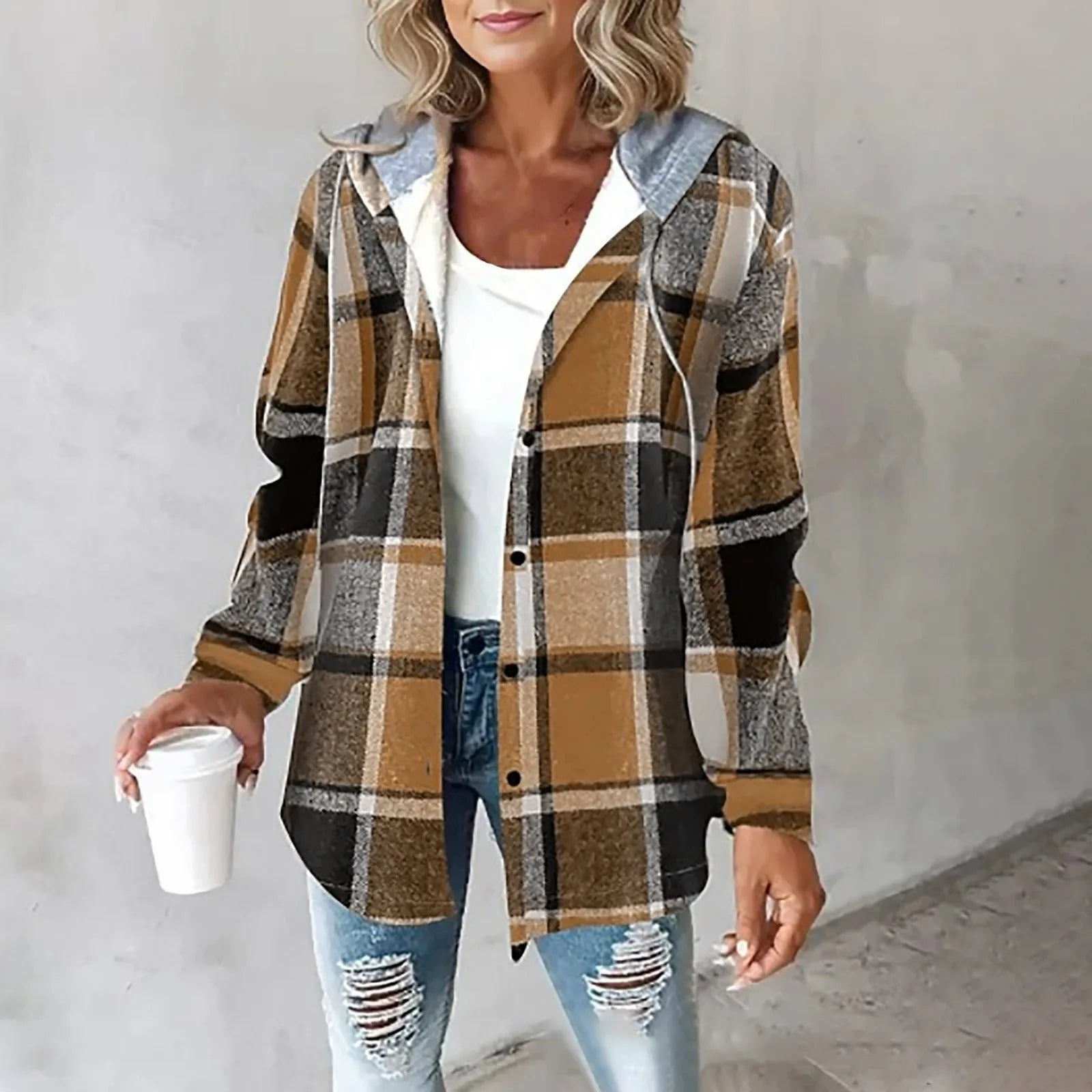 Hooded Flannel Shirt Jacket Plaid Oversized Button Up