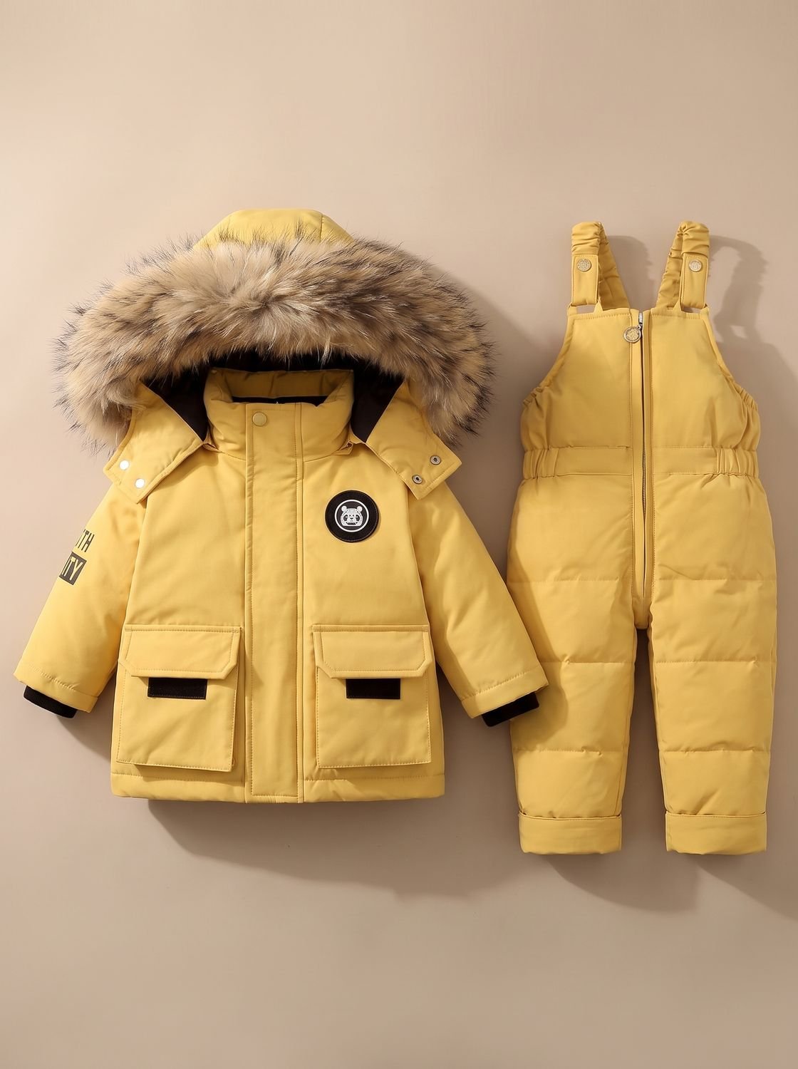 Kids Padded Winter Jacket Snowsuit Fur-Hood Two-Piece Set - Yellow