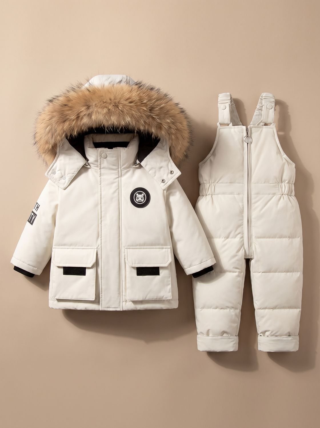 Kids Padded Winter Jacket Snowsuit Fur-Hood Two-Piece Set - White