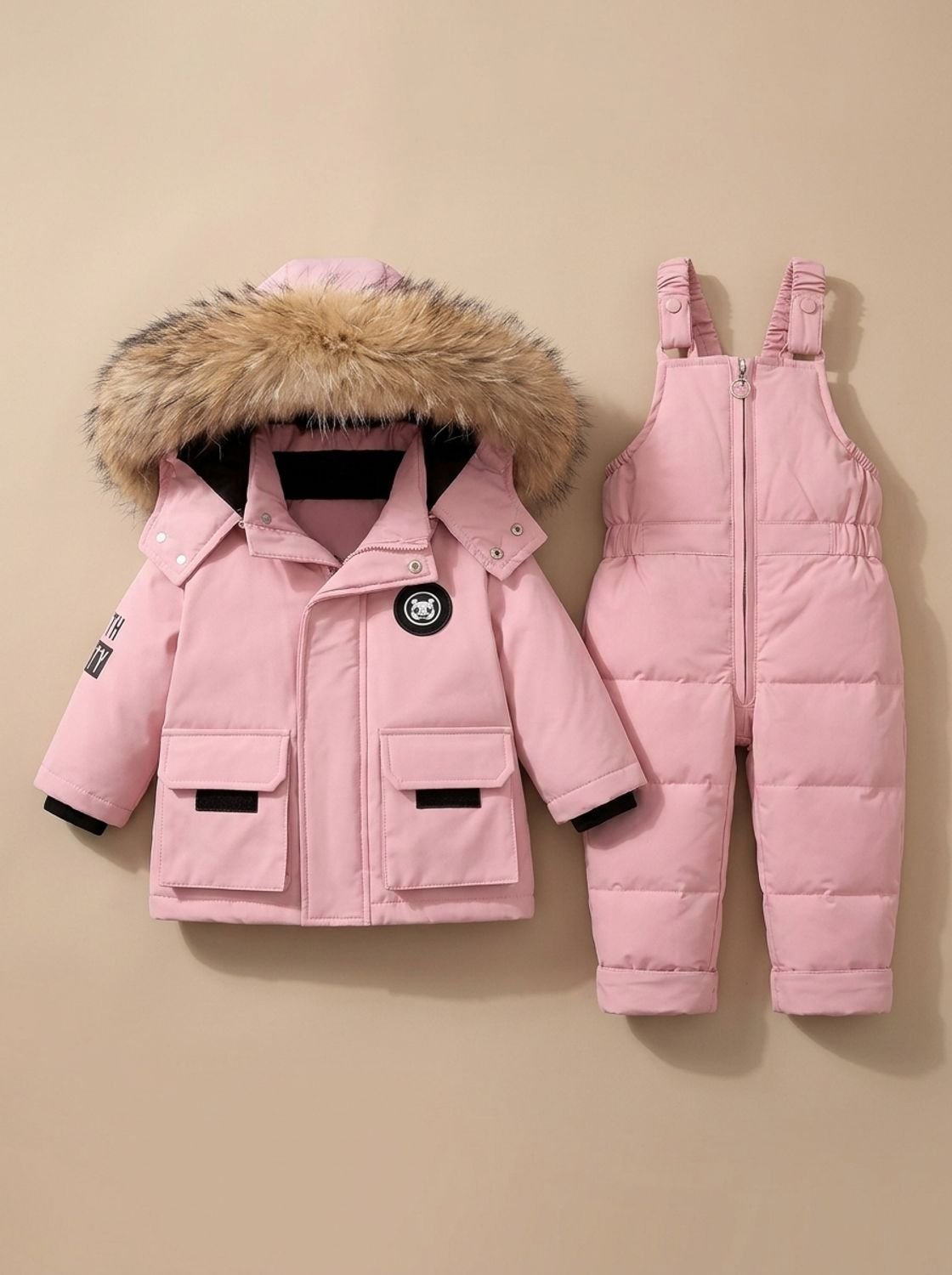 Kids Padded Winter Jacket Snowsuit Fur-Hood Two-Piece Set - Pink