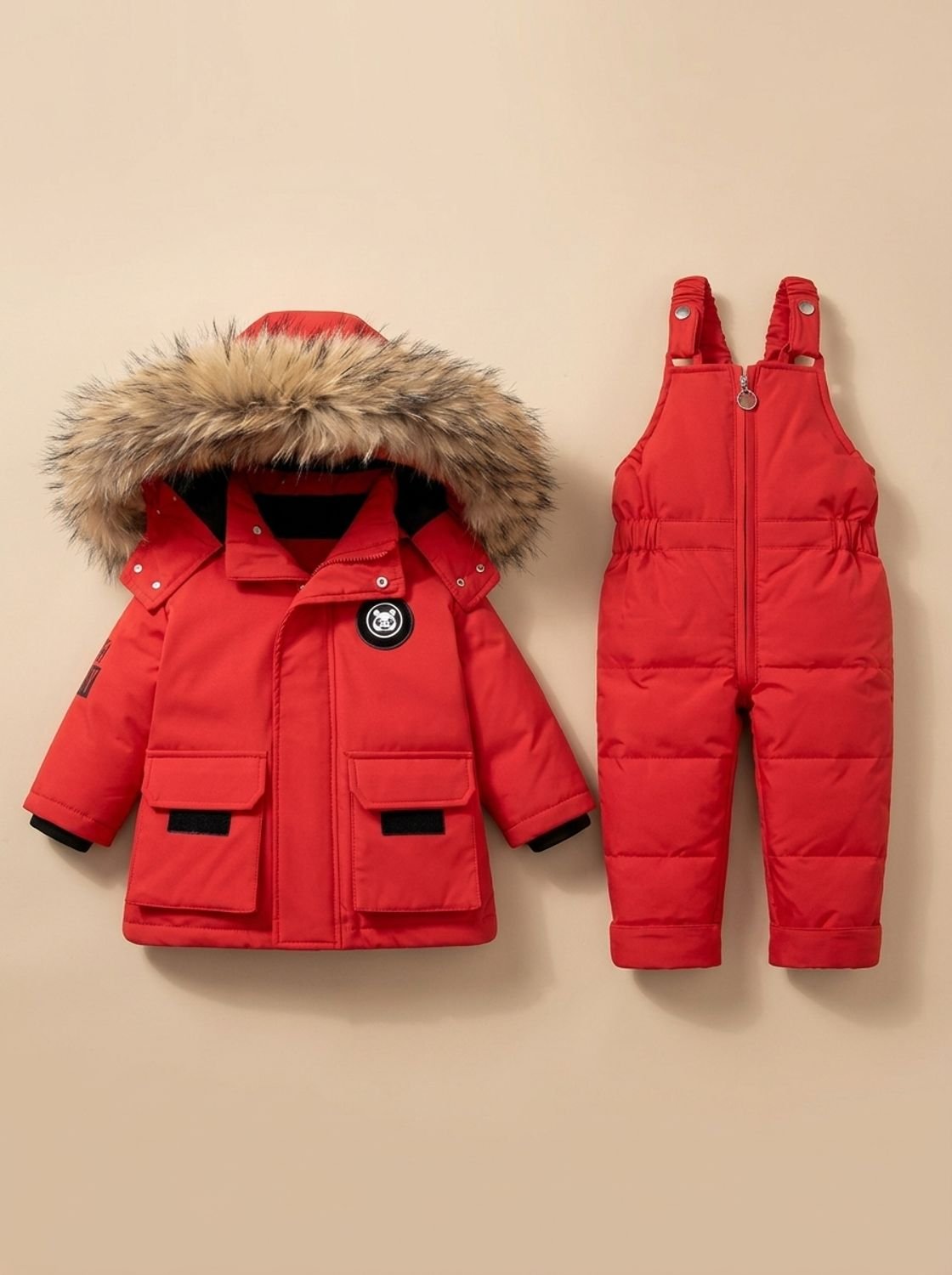 Kids Padded Winter Jacket Snowsuit Fur-Hood Two-Piece Set - Red