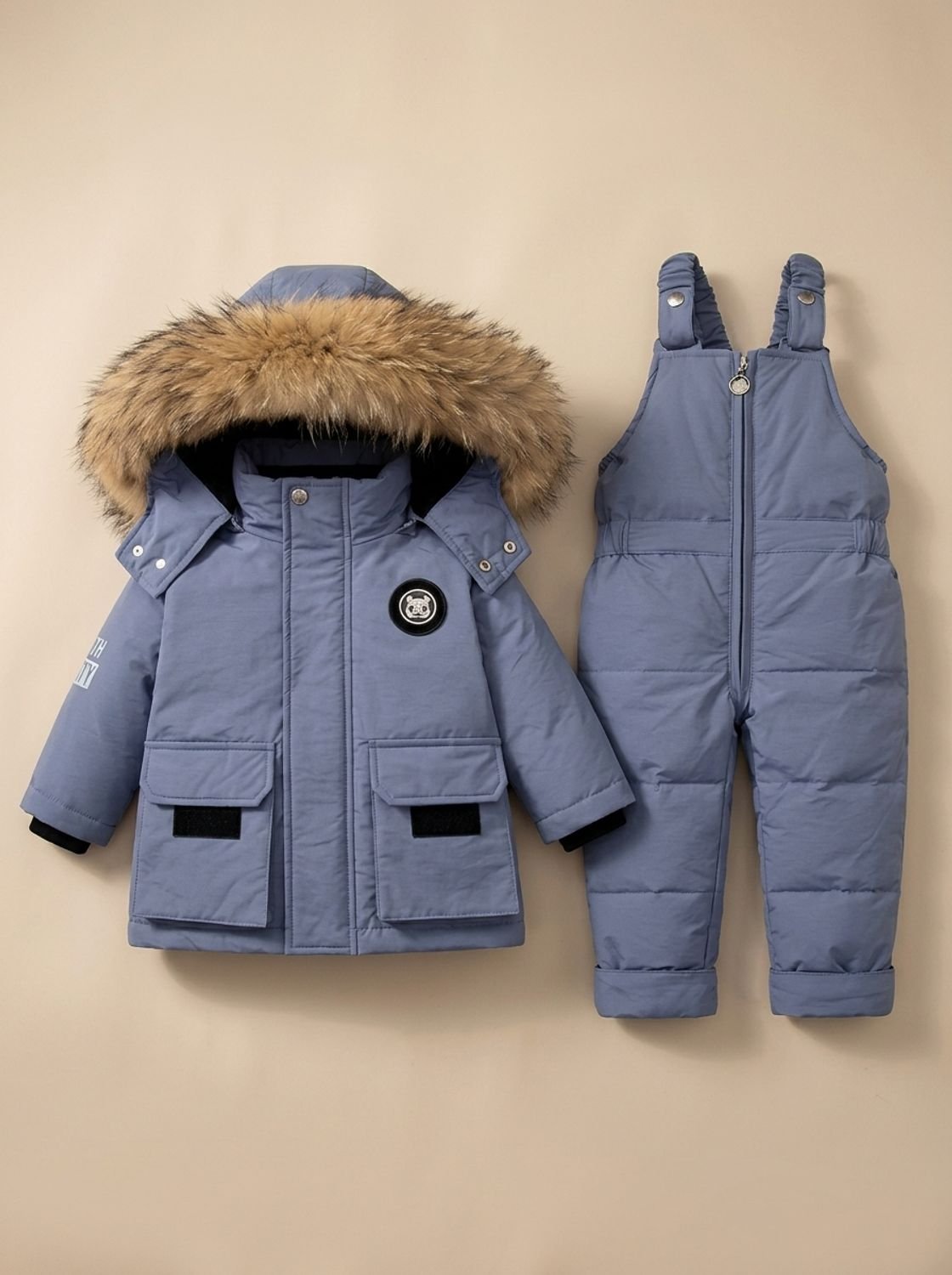 Kids Padded Winter Jacket Snowsuit Fur-Hood Two-Piece Set - Blue