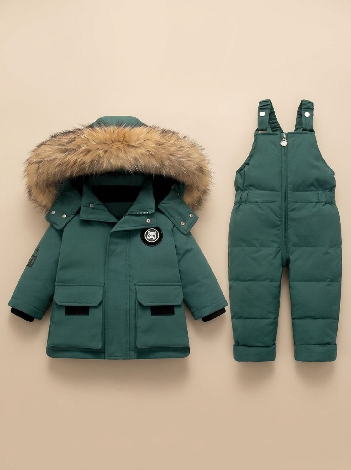 Kids Padded Winter Jacket Snowsuit Fur-Hood Two-Piece Set - Green