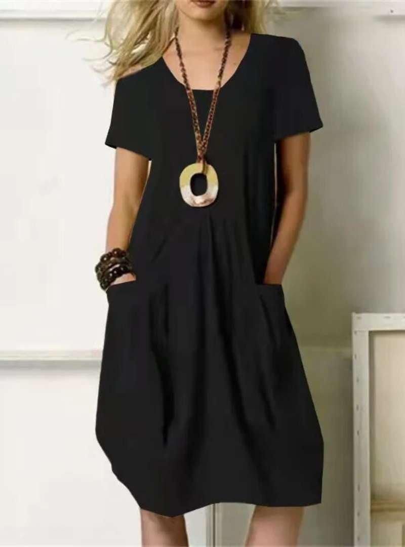 Knee-Length Dress Short Sleeve V-Neck Casual Pockets - Black