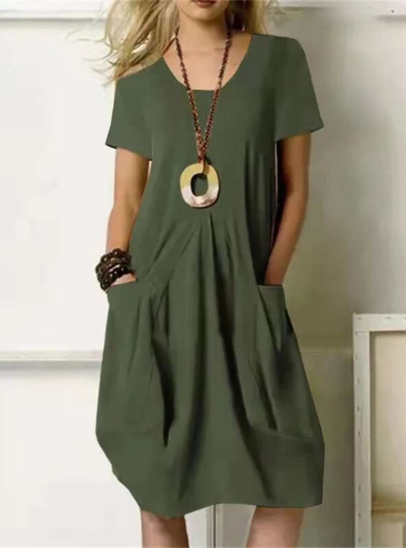 Knee-Length Dress Short Sleeve V-Neck Casual Pockets - Green