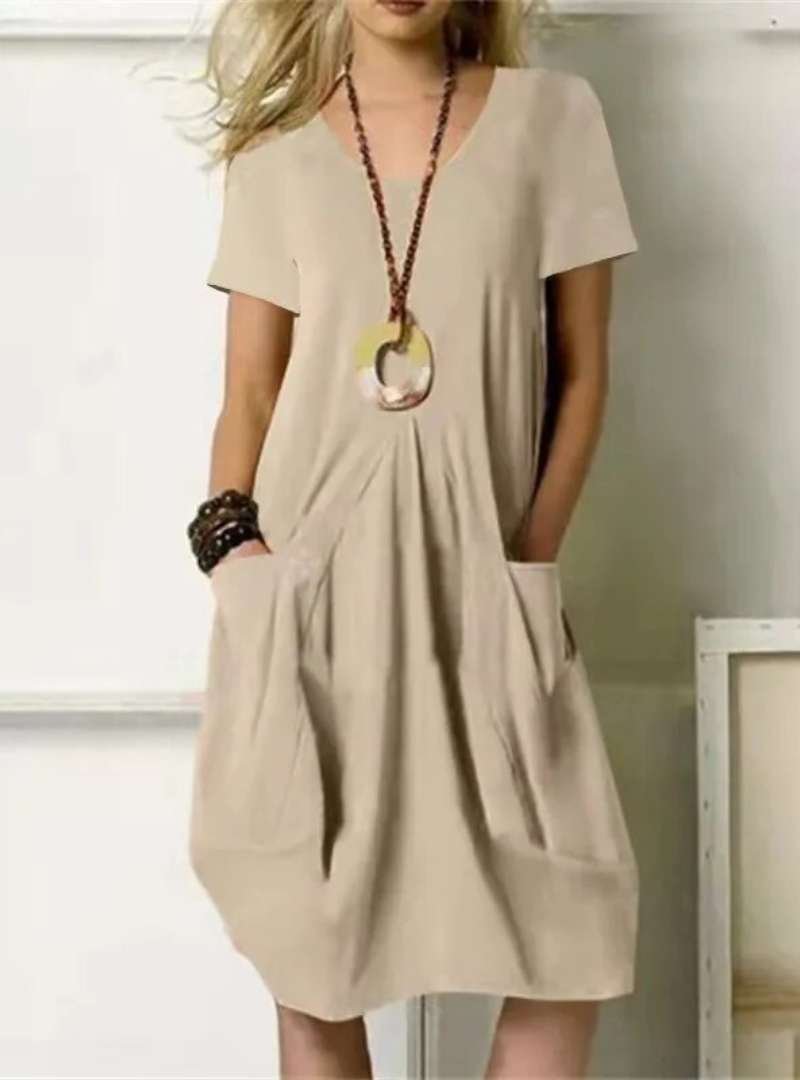 Knee-Length Dress Short Sleeve V-Neck Casual Pockets - Khaki