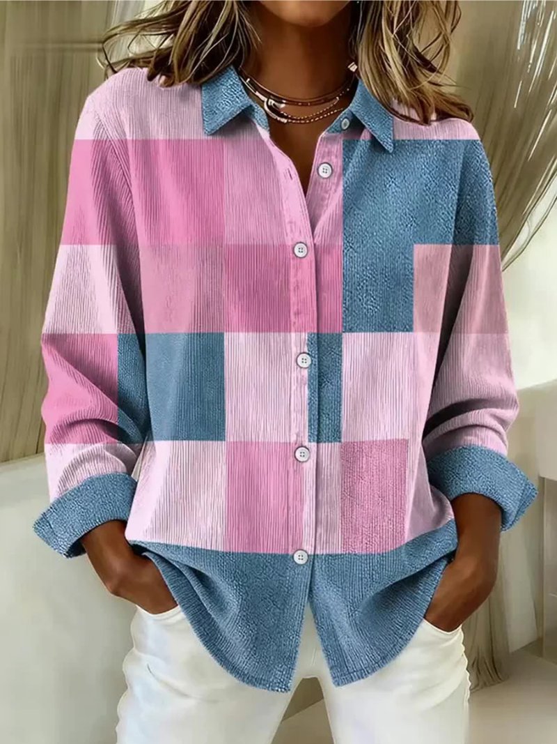 Knit Block Pattern Shirt Collar Button Up Blouse - Multicolor