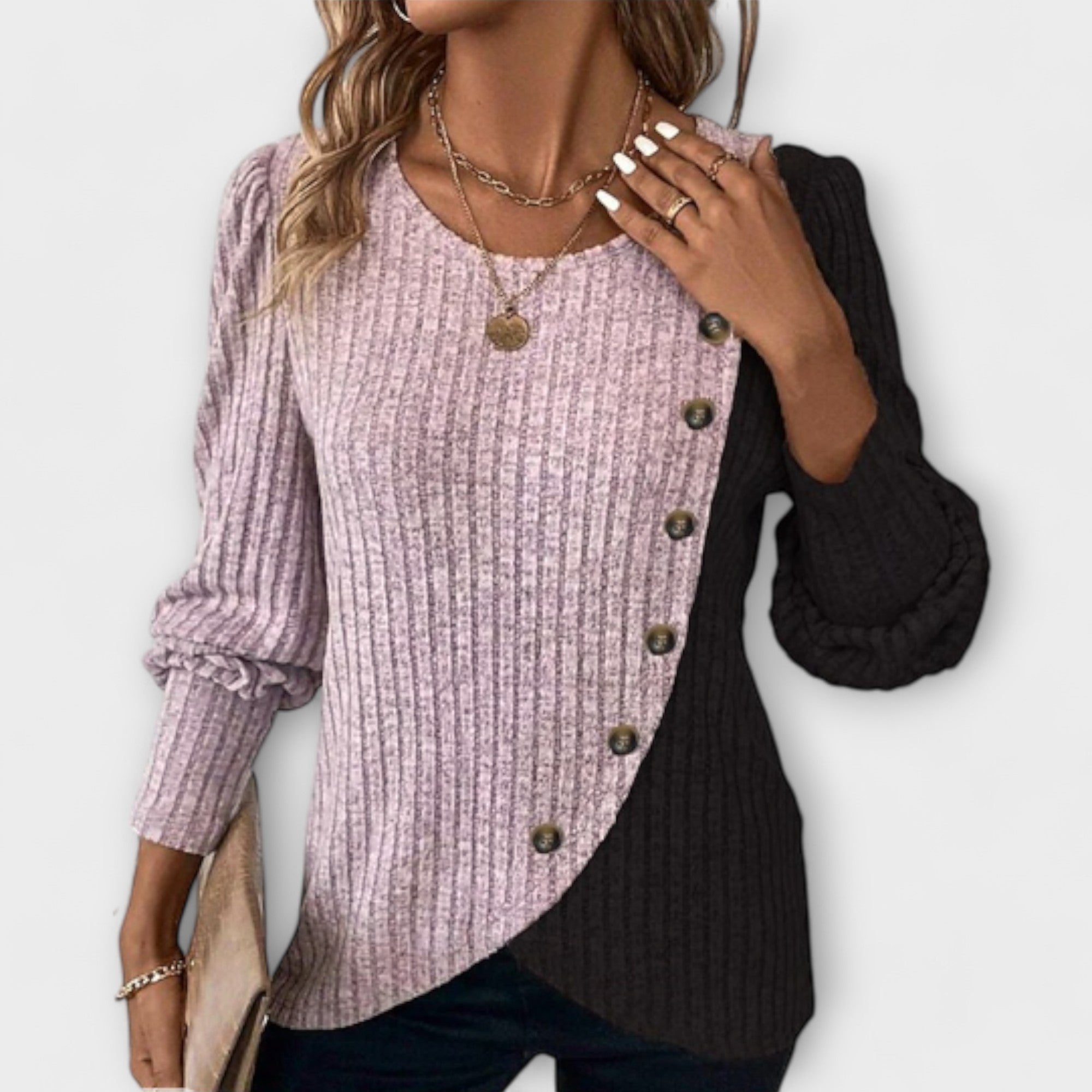 Knit Blouse Asymmetric Button Colourblock Long Sleeve - Violet