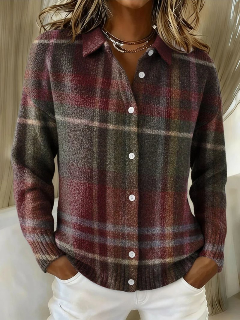 Knit Blouse Checked Pattern Button-Up Collar Long Sleeve - Multicolor
