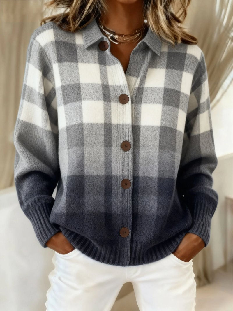 Knit Button-Up Cardigan Checked Ombre Collar Long Sleeve - Multicolor