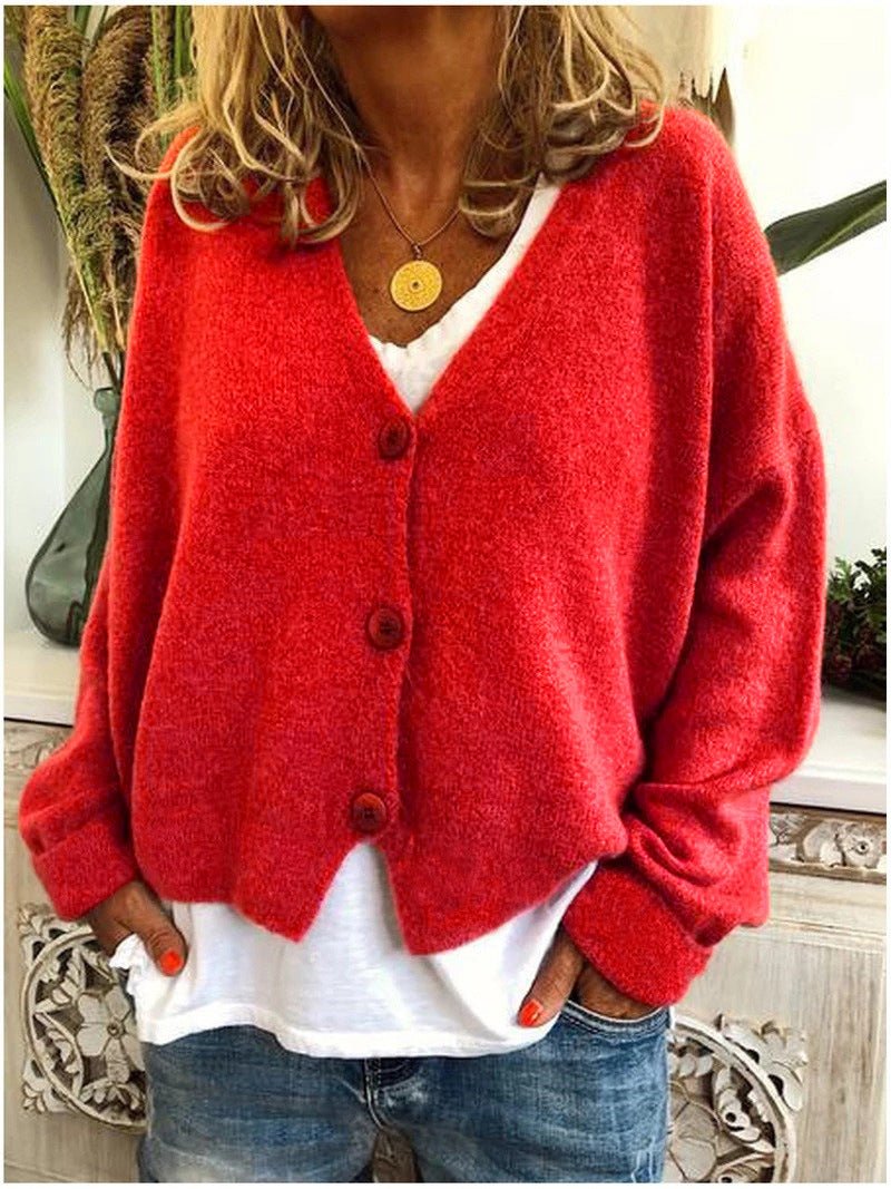Knit Cardigan Button-Up V-Neck Relaxed Fit Layering - Red