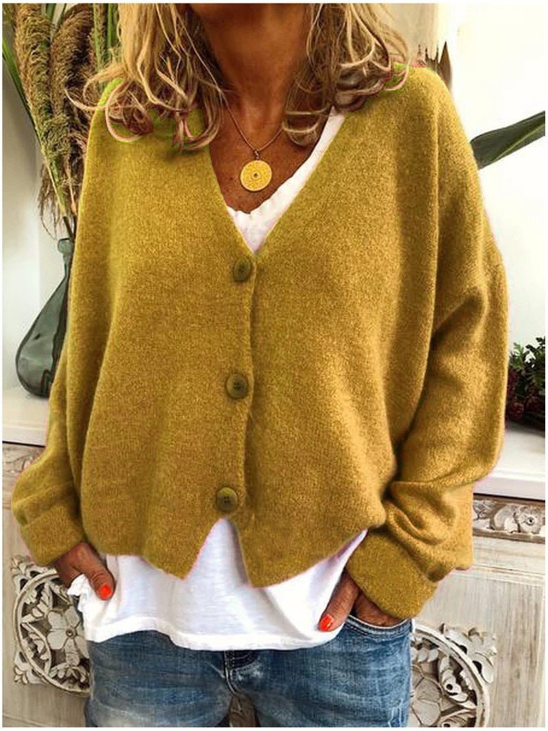 Knit Cardigan Button-Up V-Neck Relaxed Fit Layering - Yellow