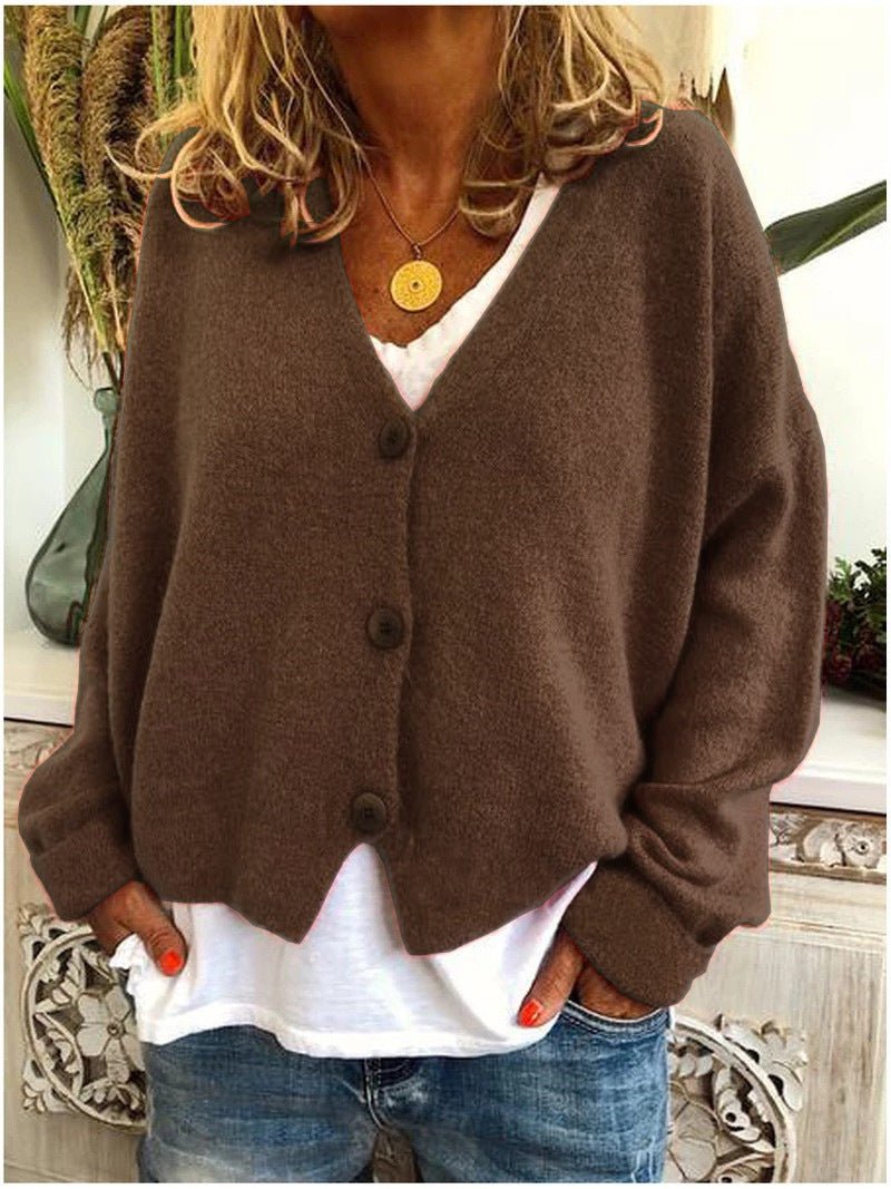 Knit Cardigan Button-Up V-Neck Relaxed Fit Layering - Brown