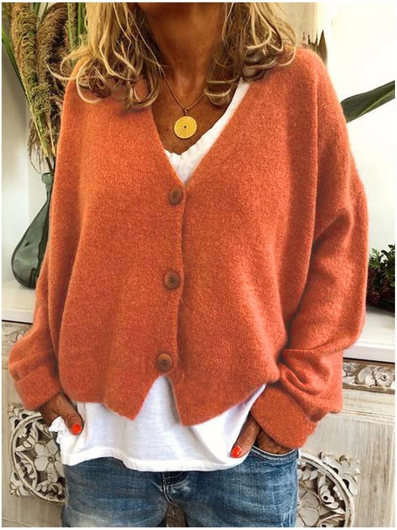 Knit Cardigan Button-Up V-Neck Relaxed Fit Layering - Orange