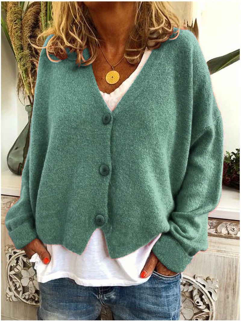 Knit Cardigan Button-Up V-Neck Relaxed Fit Layering - Lake Blue