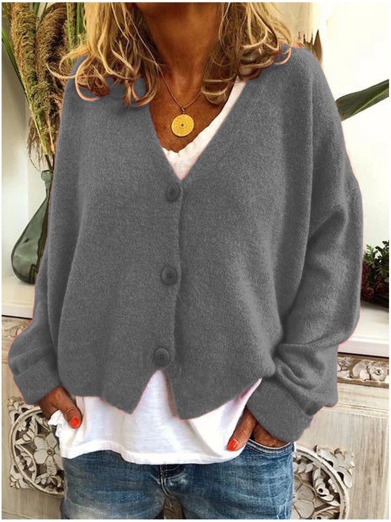 Knit Cardigan Button-Up V-Neck Relaxed Fit Layering - Gray