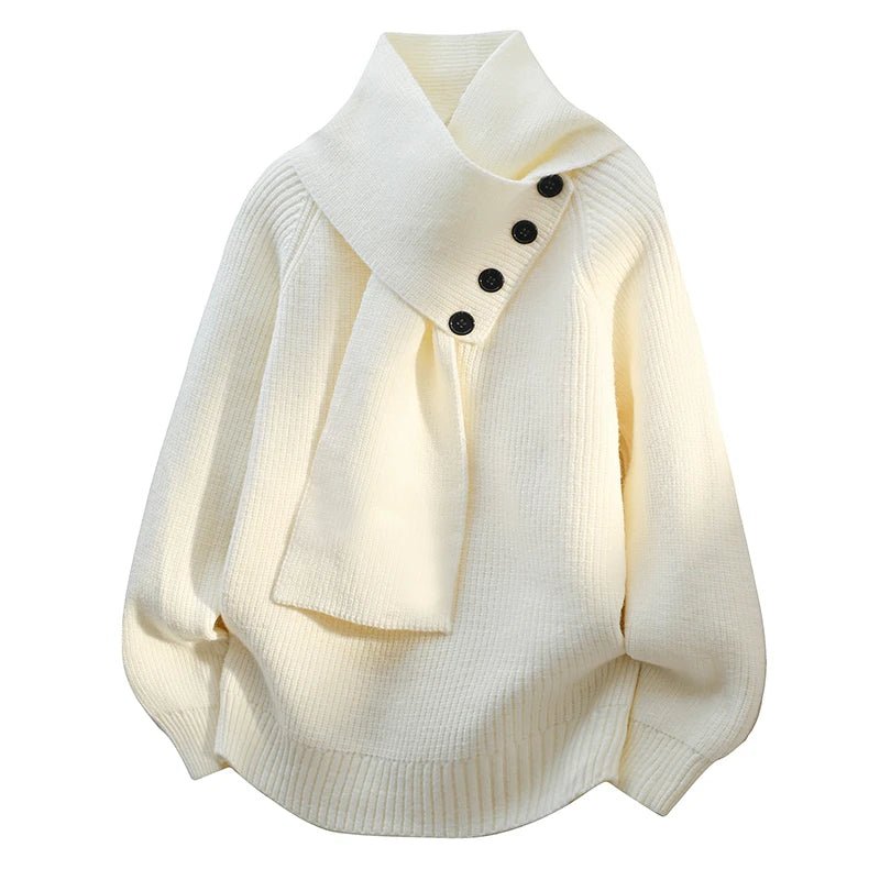 Knit Scarf-Neck Sweater Button Detail Ribbed - White