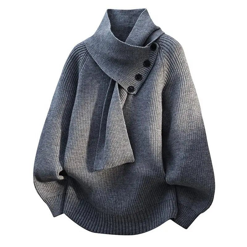 Knit Scarf-Neck Sweater Button Detail Ribbed - Gray