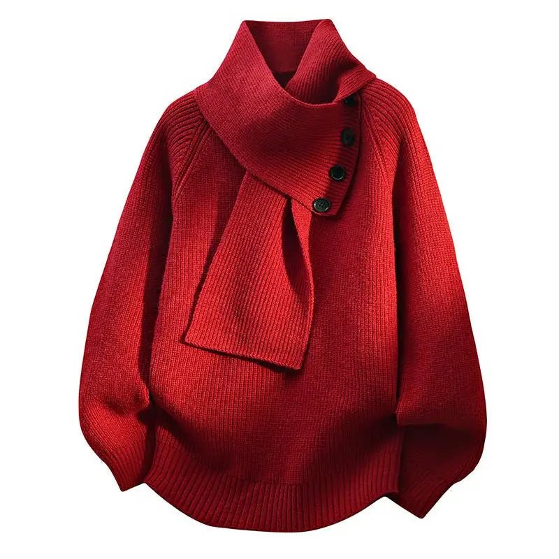 Knit Scarf-Neck Sweater Button Detail Ribbed - Red