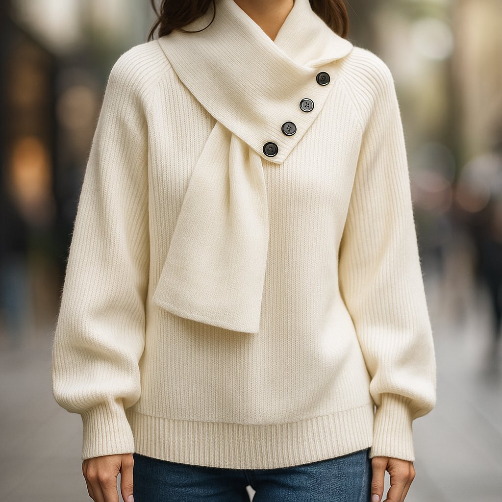 Knit Scarf-Neck Sweater Button Detail Ribbed